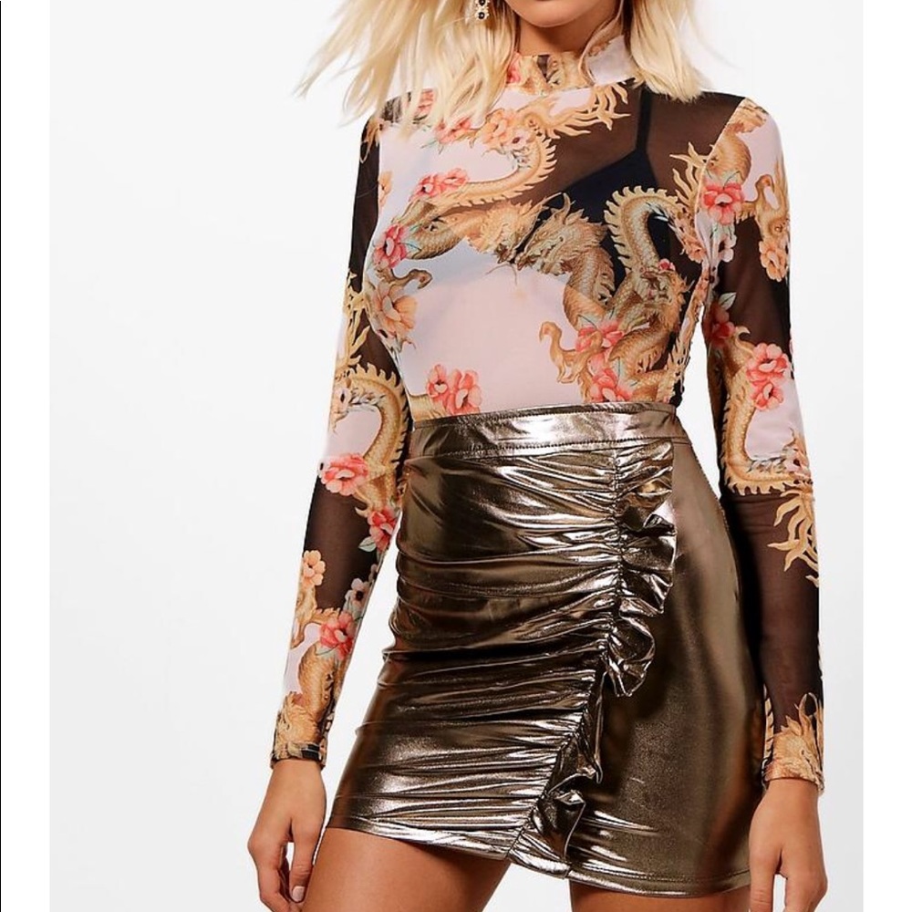BooHoo Oriental Mesh Bodysuit, Size 4/Small